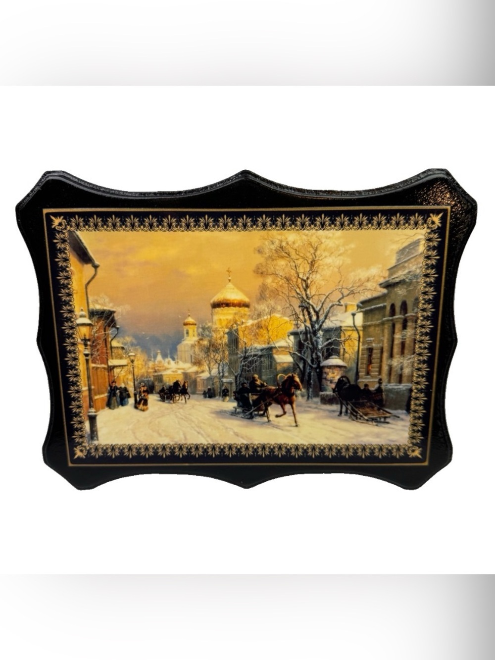 VTG Russian Lacquer Style Wall Plaque Horse Sleigh & Winter Village Scene Wooden
